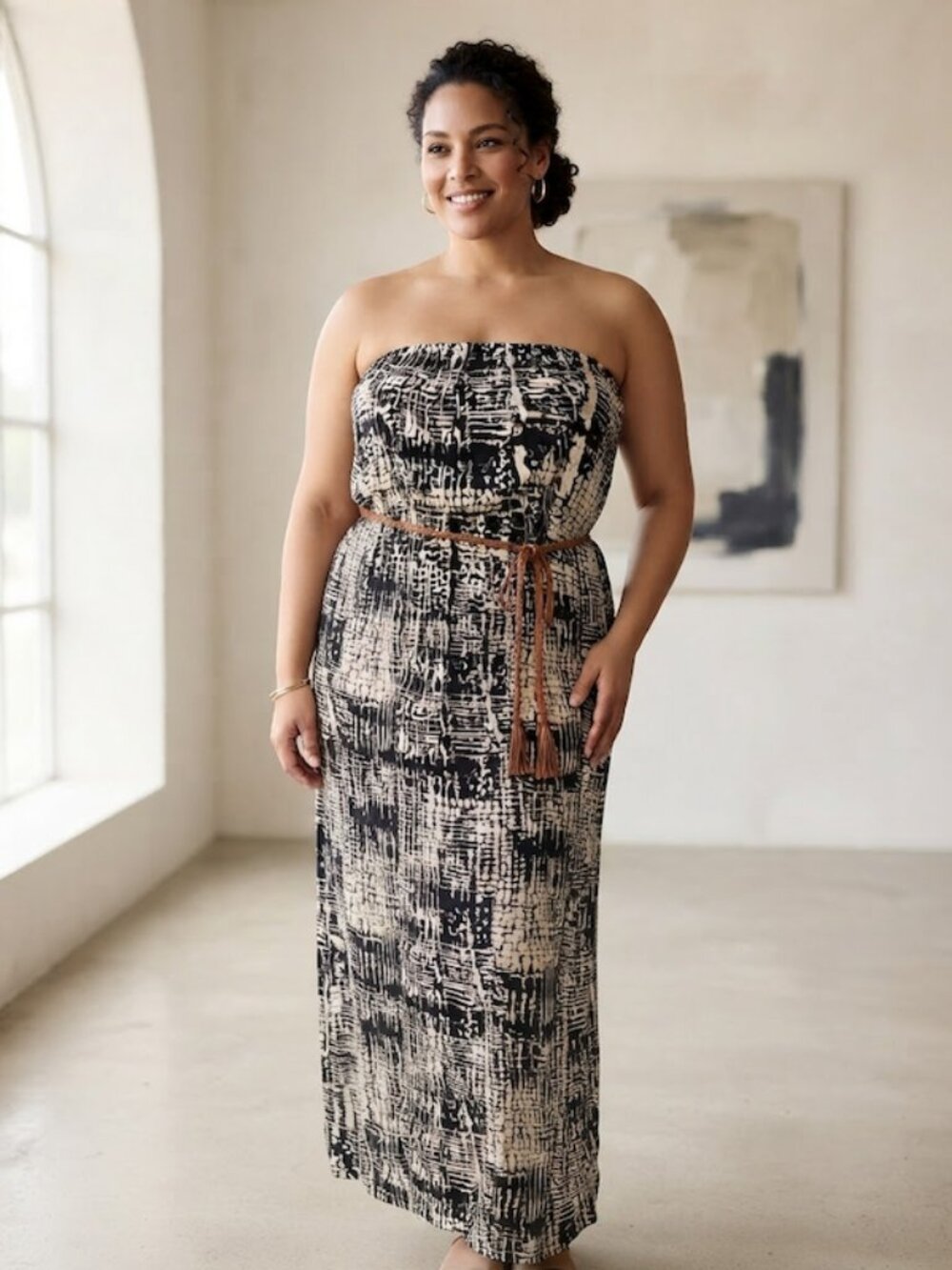 Zenobia Tube Top Maxi Dress Abstract Print Black Cream 1XL
